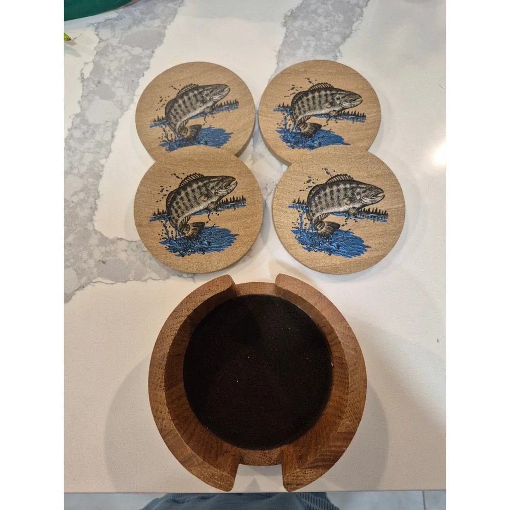 Vintage Coasters Set of‎ 4 with wooden Holder Bass Fish Design